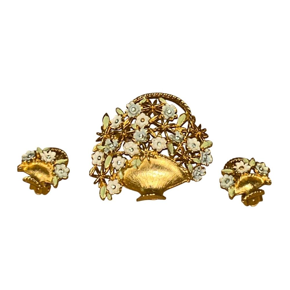 Vintage 1950's KRAMER Broach‎ & Earring Set Flowers Basket